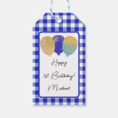 Gelukkige 1e Verjaardag & Blauwe Gingham & Ballonn Cadeaulabel (Voorkant)