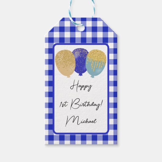 Gelukkige 1e Verjaardag & Blauwe Gingham & Ballonn Cadeaulabel (Voorkant)