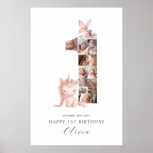 Gelukkige 1e Verjaardag Eenhoorn Fotocollage Poster (Voorkant)