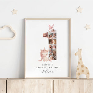 Gelukkige 1e Verjaardag Eenhoorn Fotocollage Poster