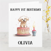 Gelukkige 1e verjaardag gefeliciteerd, naam & pupp kaart (Gele Bloem)