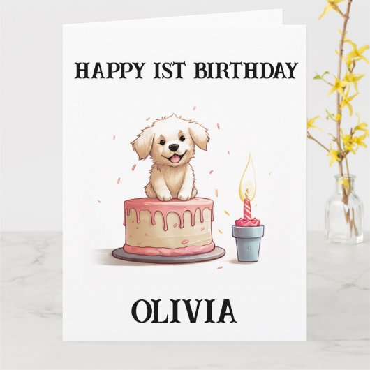 Gelukkige 1e verjaardag gefeliciteerd, naam & pupp kaart (Gele Bloem)