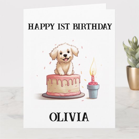 Gelukkige 1e verjaardag gefeliciteerd, naam & pupp kaart (Kleine Plant)