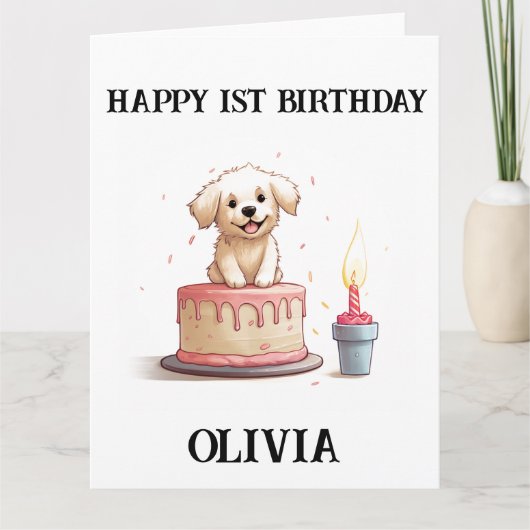 Gelukkige 1e verjaardag gefeliciteerd, naam & pupp kaart (Voorkant)