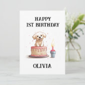 Gelukkige 1e verjaardag gefeliciteerd, naam & pupp kaart (Staand voorkant)