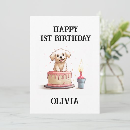 Gelukkige 1e verjaardag gefeliciteerd, naam & pupp kaart (Staand voorkant)