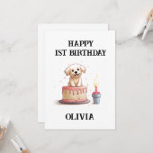 Gelukkige 1e verjaardag gefeliciteerd, naam & pupp kaart (Voorkant / Achterkant in situ)