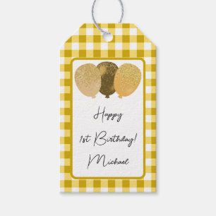 Gelukkige 1e Verjaardag & Gele Gingham & Ballonnen Cadeaulabel