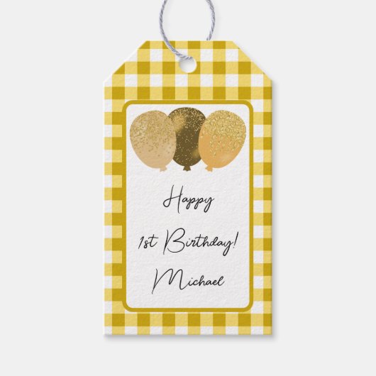 Gelukkige 1e Verjaardag & Gele Gingham & Ballonnen Cadeaulabel (Voorkant)