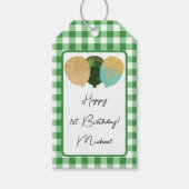 Gelukkige 1e Verjaardag & Groene Gingham & Ballonn Cadeaulabel (Voorkant)