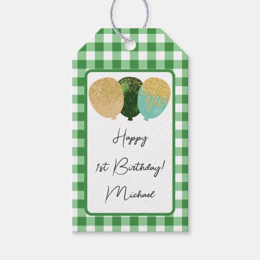 Gelukkige 1e Verjaardag & Groene Gingham & Ballonn Cadeaulabel (Voorkant)