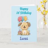 Gelukkige 1e Verjaardag, Jongen, Schattigee Puppy, Kaart (Gele Bloem)