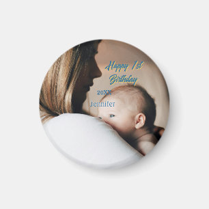Gelukkige 1e verjaardag kinderen baby moeder blauw magneet