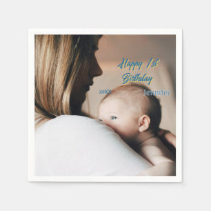 Gelukkige 1e verjaardag kinderen baby moeder blauw servet