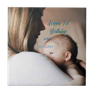 Gelukkige 1e verjaardag kinderen baby moeder blauw tegeltje