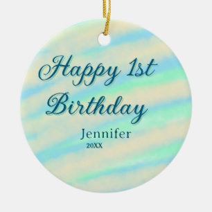 Gelukkige 1e verjaardag kinderen babyblauw groen p keramisch ornament