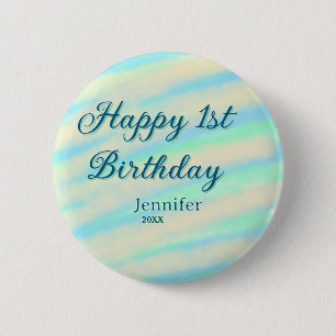 Gelukkige 1e verjaardag kinderen babyblauw groen p ronde button 5,7 cm