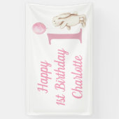 Gelukkige 1e verjaardag konijnenballon roze spandoek (Verticaal)