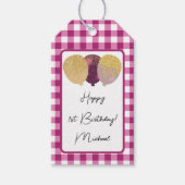Gelukkige 1e Verjaardag & Magenta Gingham & Ballon Cadeaulabel (Voorkant)