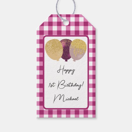 Gelukkige 1e Verjaardag & Magenta Gingham & Ballon Cadeaulabel (Voorkant)