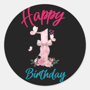 Gelukkige 1e verjaardag Mooie Roze Vlinder Boog Ro Ronde Sticker