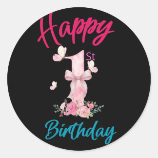 Gelukkige 1e verjaardag Mooie Roze Vlinder Boog Ro Ronde Sticker