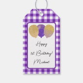 Gelukkige 1e Verjaardag & Paarse Gingham & Ballonn Cadeaulabel (Voorkant)