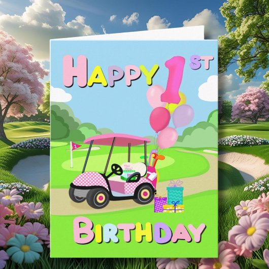 Gelukkige 1e Verjaardag Polka Dot Pink Girly Golf  Kaart