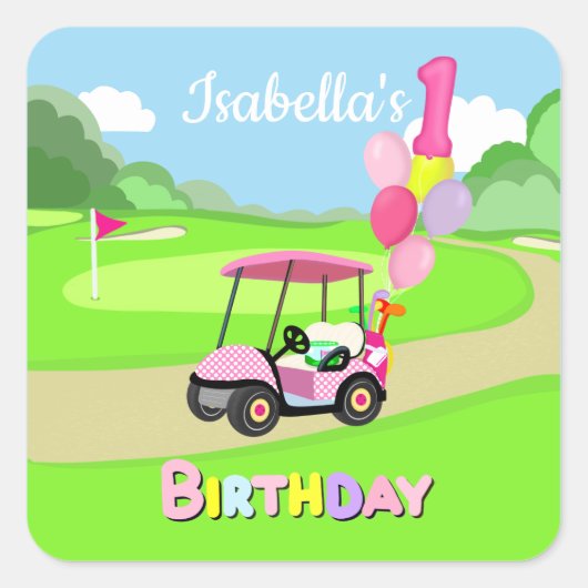 Gelukkige 1e Verjaardag Polka Dot Pink Girly Golf Vierkante Sticker (Voorkant)