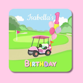Gelukkige 1e Verjaardag Polka Dot Pink Girly Golf Vierkante Sticker