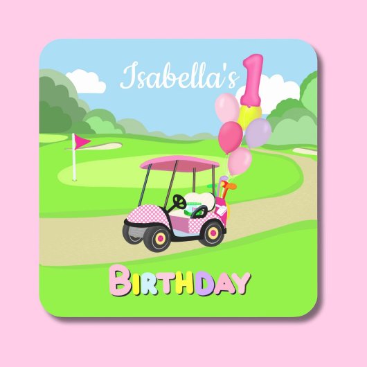 Gelukkige 1e Verjaardag Polka Dot Pink Girly Golf Vierkante Sticker