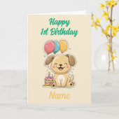 Gelukkige 1e verjaardag, puppy, aangepaste boodsch kaart (Gele Bloem)