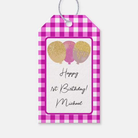 Gelukkige 1e Verjaardag & Roze Gingham & Ballonnen Cadeaulabel (Voorkant)