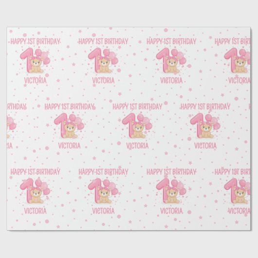 Gelukkige 1e Verjaardag Schattige Klein Roze Beer Cadeaupapier (Vlak)