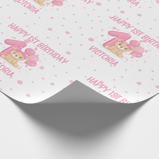 Gelukkige 1e Verjaardag Schattige Klein Roze Beer  Cadeaupapier (Hoek)