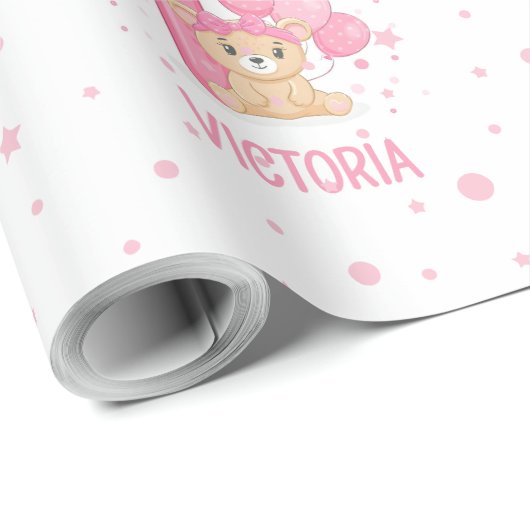 Gelukkige 1e Verjaardag Schattige Klein Roze Beer  Cadeaupapier (Rol Hoek)