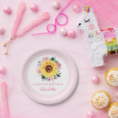 Gelukkige 1e Verjaardag Zonnebloem Roze Bloemen Papieren Bordje (Feest)