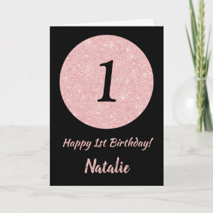 Gelukkige 1e Verjaardag Zwart en Roos Roze Glitter Kaart