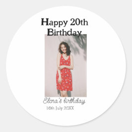 Gelukkige 20e verjaardag foto modern eenvoudig min ronde sticker