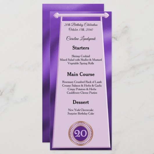 Gelukkige 20e Verjaardag Paarse Glitter Folie Menu (Voorkant / Achterkant)