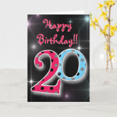 Gelukkige 20e verjaardag plezier & heldere polka d kaart (Gele Bloem)