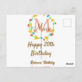 Gelukkige 20e verjaardag rode naam monogram krans briefkaart (Achterkant)