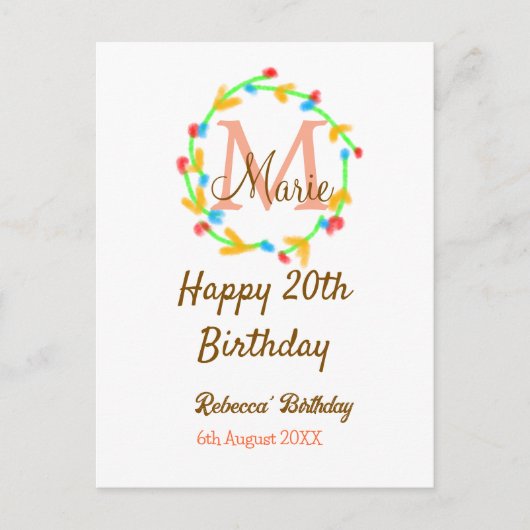 Gelukkige 20e verjaardag rode naam monogram krans briefkaart (Voorkant)