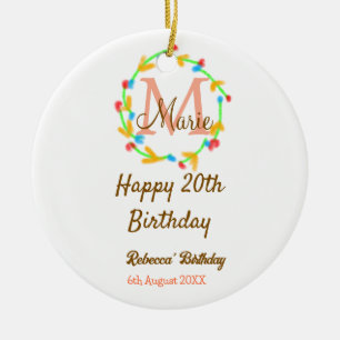 Gelukkige 20e verjaardag rode naam monogram krans keramisch ornament