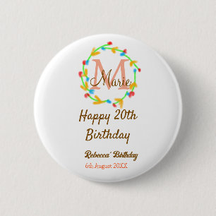 Gelukkige 20e verjaardag rode naam monogram krans ronde button 5,7 cm