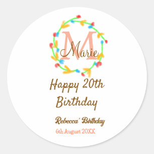 Gelukkige 20e verjaardag rode naam monogram krans ronde sticker
