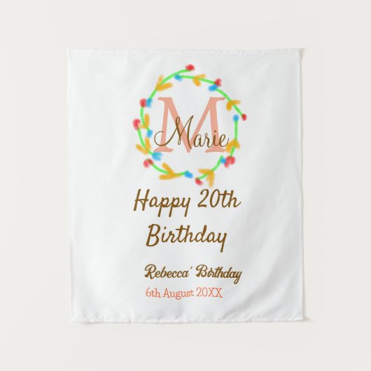 Gelukkige 20e verjaardag rode naam monogram krans wandkleed (Voorkant)