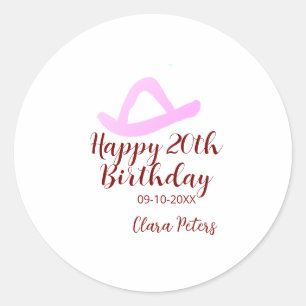 Gelukkige 20e verjaardag roze cowboy meisjesnaam d ronde sticker