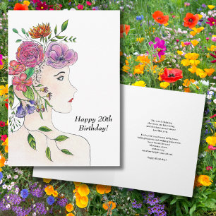 Gelukkige 20e Verjaardag Vrouw Bloemen Illustratie Kaart