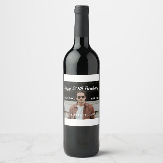 Gelukkige 20ste verjaardag eenvoudige foto naam to wijn etiket (Voorkant)
